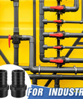 Industrial piping setup with Pool PVC Barbed Fittings To NPT Male Adapters One And A Half Inch Tubing Connectors Kit for hoses on display.