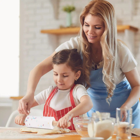 Totally Awesome Wooden Kitchen Play Set For Toddlers Includes Seven Piece Children Cooking Utensils Collection With Cutting Board Rolling Pin And Super Safe Knives For Little Chefs Baking Adventures, toddler with rolling pin.