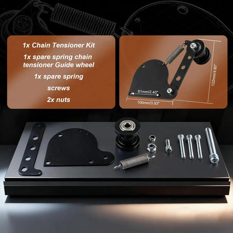 Spring Loaded Chain Tensioner kit components for 49cc 66cc and 80cc bikes with adjustable guide wheel and no slip chain roller.