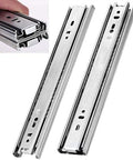 Full Extension Soft Close Drawer Slides With Push To Open, Side Mount, Ball Bearing, Three Section Design shown in metal finish.