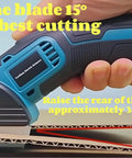 Tyimble Cordless Electric Scissors Heavy Duty Cardboard Cutter with brushless motor cutting through cardboard at a 15° angle.