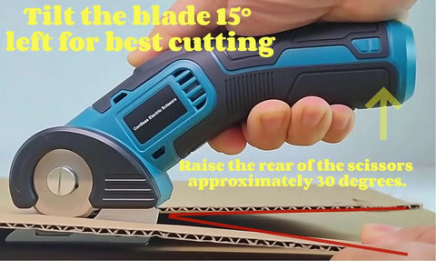 Tyimble Cordless Electric Scissors Heavy Duty Cardboard Cutter with brushless motor cutting through cardboard at a 15° angle.