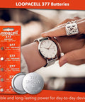 Professional Silver Oxide Watch Batteries 377 376 SR626W SR626SW 1.55V Coin Cell Pack Of Five displayed with a wristwatch.