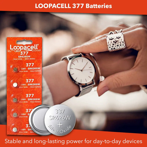 Professional Silver Oxide Watch Batteries 377 376 SR626W SR626SW 1.55V Coin Cell Pack Of Five displayed with a wristwatch.