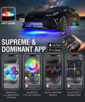 Underglow DreamColor Chasing Lights For Car With App And Remote Control Waterproof Rigid Aluminum LED Light Bar 12V Exterior Neon RGBIC Lighting Kit IP68 Rated For Durable Underbody Glow with app interface display.