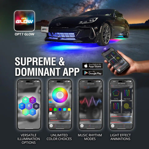 Underglow DreamColor Chasing Lights For Car With App And Remote Control Waterproof Rigid Aluminum LED Light Bar 12V Exterior Neon RGBIC Lighting Kit IP68 Rated For Durable Underbody Glow with app interface display.