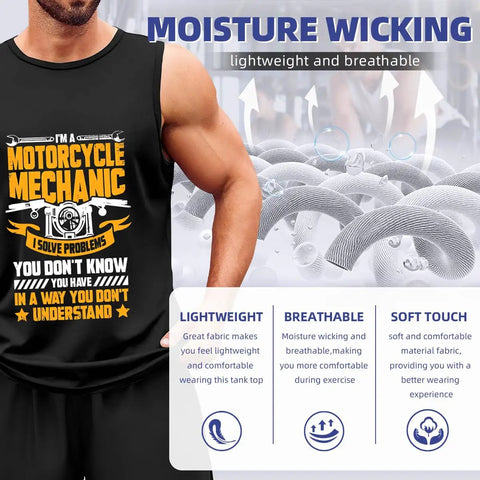 Fresh Men's Lightweight Cotton Tank Top, Sleeveless Muscle Shirt, summer breathable undershirt with motorcycle mechanic graphic.