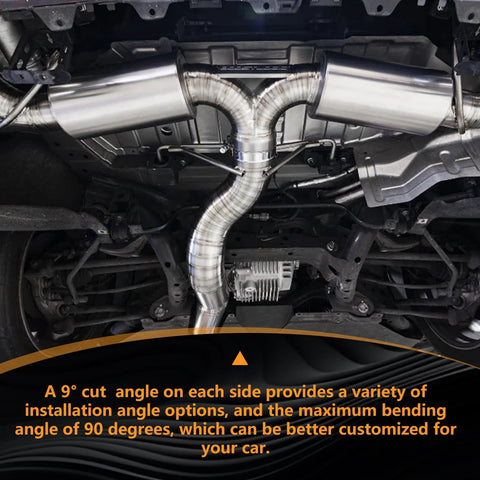 Exhaust pipe assembly, 3-inch polished 304 stainless steel, undercarriage view with curved Y-pipe and dual side pipes
