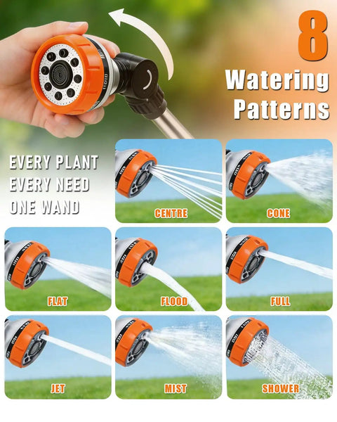 Long Reach 24 Inch Watering Wand With 8 Spray Patterns And 180 Degree Rotating Head in use showing various spray modes