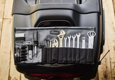 Premium 30 Piece Motorcycle Tool Kit With Wrenches, Hex Keys, Torx Keys, Sockets, And More, Roll Up Ballistic Nylon Pouch, Axle Adapter