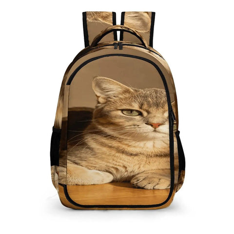 Indoor Striped Cat Printed Backpack For Unisex Use with large cat image on front, durable polyester fabric, smooth zipper