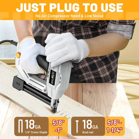 Badass Heavy Duty 2 In 1 Electric Nail Gun 18 Gauge Brad Nailer And Corded Stapler, close-up in use for carpentry