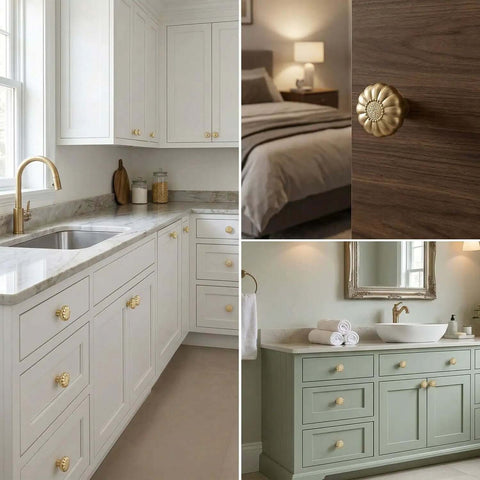 10 Pack Gold Cabinet Knobs Set Made From Solid Zinc Alloy Brushed Brass in kitchen, bedroom, bathroom on cabinets and drawers.