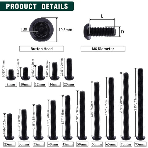 Snag This Badass Set Of M6 By 20mm Button Head Torx Machine Screws In Premium Stainless Steel With A Sleek Black Finish and T30 bits diagram.
