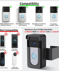 Compatibility chart and no-drill anti-theft doorbell mount for battery doorbells with Ring models and dimensions shown.