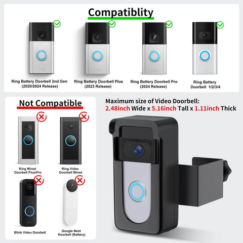 Compatibility chart and no-drill anti-theft doorbell mount for battery doorbells with Ring models and dimensions shown.