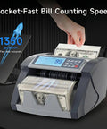 Dual Motor Cash Counter 2.0 With 5 Layer Counterfeit Detection UV MG IR DD MT Counts 1000 Bills Per Minute Batch Add Modes LCD Display with money stack