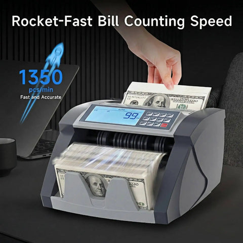 Dual Motor Cash Counter 2.0 With 5 Layer Counterfeit Detection UV MG IR DD MT Counts 1000 Bills Per Minute Batch Add Modes LCD Display with money stack