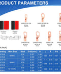 All-In-One Copper Wire Lugs and Ring Terminal Kit With Heat Shrink Tubing, AWG sizes chart, terminal and tubing visuals