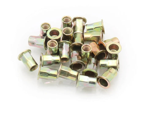 Top Shelf Carbon Steel Rivet Nuts M6 Thread Inserts Half Hex Nutsert Assortment Kit 60 Pieces Zinc Plated Yellow close-up view.