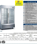 Top Shelf Commercial Double Door Glass Freezer Stainless Steel Upright Reach In Merchandiser 54 Inch Wide 47 Cu Ft with two glass doors.