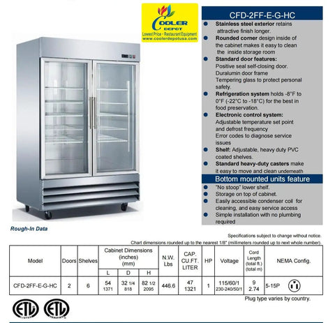 Top Shelf Commercial Double Door Glass Freezer Stainless Steel Upright Reach In Merchandiser 54 Inch Wide 47 Cu Ft with two glass doors.
