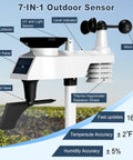 7-IN-1 outdoor sensor with rain collector, solar panel, wind cups, and UV sensor for weather data collection and forecasting.