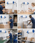 Slick Wall Mount Bubble Wrap Dispenser With Heavy Duty Galvanized Steel And Smooth Tidy Rewind Ready Packs Shipping Fits Air Cushion Film Rolls Up To Forty Inches Wide, in use by workers packaging items.