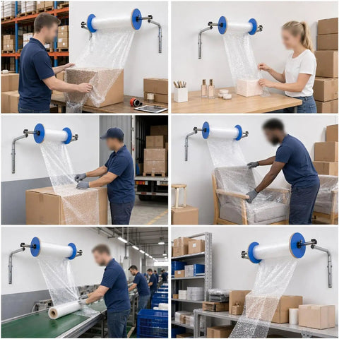 Slick Wall Mount Bubble Wrap Dispenser With Heavy Duty Galvanized Steel And Smooth Tidy Rewind Ready Packs Shipping Fits Air Cushion Film Rolls Up To Forty Inches Wide, in use by workers packaging items.