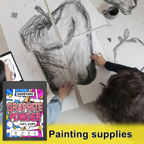 Hands drawing with graphite powder beside a package labeled 'Goodtake Graphite Powder 100% Pure' for painting supplies.