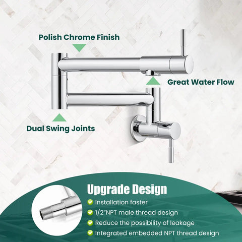19 Inch Wall Mount Pot Filler Faucet With Folding Stretchable Swing Arm, Stainless Steel Kitchen Grade, Polished Chrome