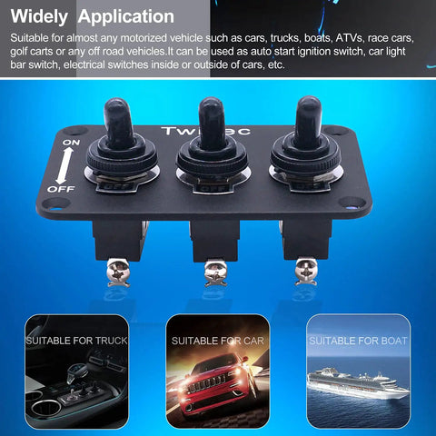 Beefy Three Gang Rocker Toggle Switch Panel With Aluminum Plate Waterproof Boot Cap Cover 16A 250V AC And 12V DC SPST Two-Position