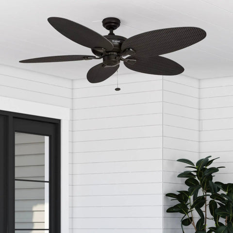 Duval 52 Inch Indoor Outdoor Ceiling Fan With Hand Carved Basswood Blades, Bronze Finish, Tri Mount 5 Blade Tropical Design
