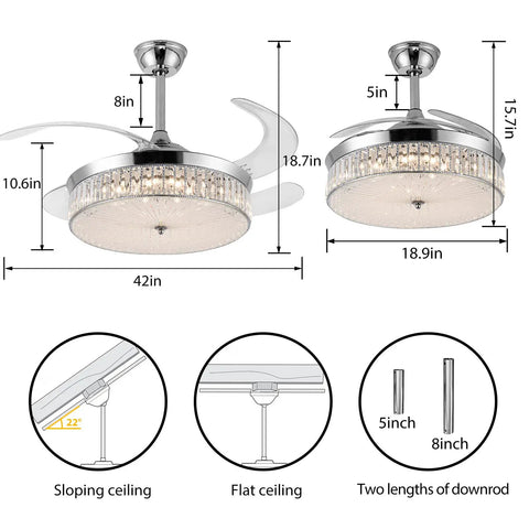 Lit Crystal Ceiling Fan With Lights dimensions and downrod options, showing 42 inch diameter, retractable blades, for indoor decor.