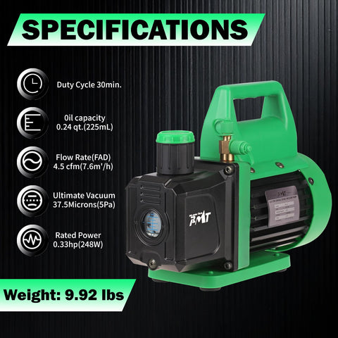 4.5 CFM Vacuum Pump With Brass Manifold Gauge Set shown with green body and black front, product specifications included
