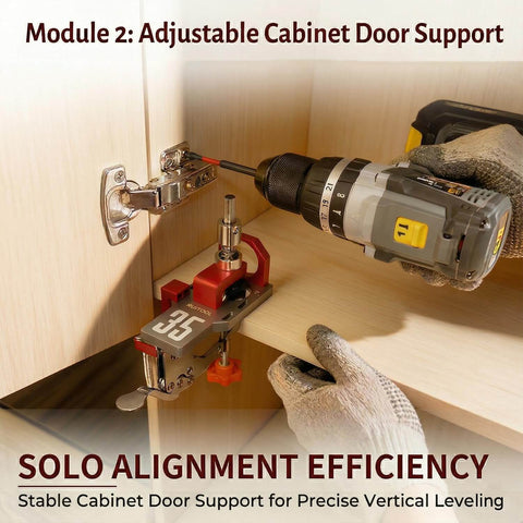 35mm Concealed Hinge Jig System for Cabinets, Cabinet Door Mounting Jig and Door Installation Kit with Secure Clamp shown in use