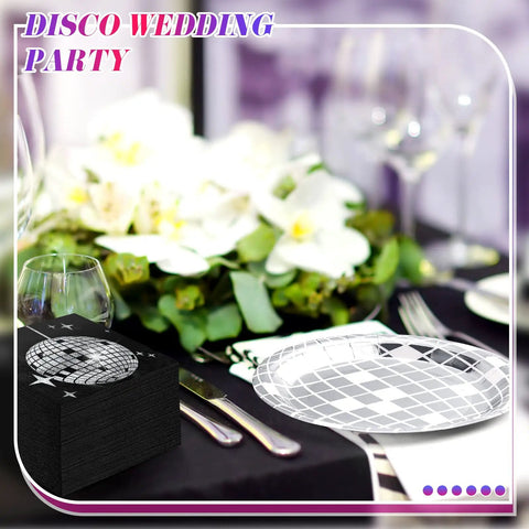 Disco Party Plates And Napkins Set For 100 Guests With Disco Ball Design 100 Plates And 100 Napkins on wedding party table