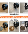 4 Inch Pro Grade Hole Saw Kit for Wood Metal Plastic showing performance on wood, plastic, and steel before and after drilling