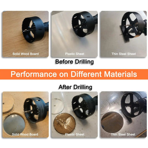 4 Inch Pro Grade Hole Saw Kit for Wood Metal Plastic showing performance on wood, plastic, and steel before and after drilling