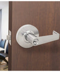 Grade 2 Heavy Duty Cylindrical Lever Lockset ADA UL Listed Satin Chrome US26D on wooden door in office setting