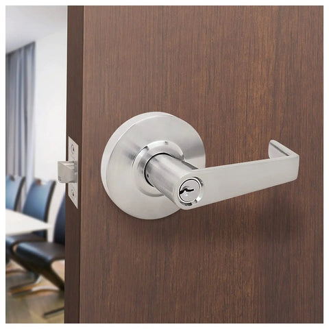 Grade 2 Heavy Duty Cylindrical Lever Lockset ADA UL Listed Satin Chrome US26D on wooden door in office setting