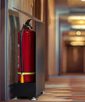 2 Pack Heavy Duty Fire Extinguisher Stand With Raised Base in hallway, metal holder fits 5-10 lb extinguishers, adjustable feet visible
