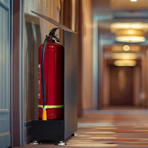 2 Pack Heavy Duty Fire Extinguisher Stand With Raised Base in hallway, metal holder fits 5-10 lb extinguishers, adjustable feet visible