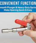 Heavy Duty Steel Drum Fastener Plunger Tool Fits Size Six Components With 0.158 Inch Inner Diameter shown in use with smooth plunger grip.