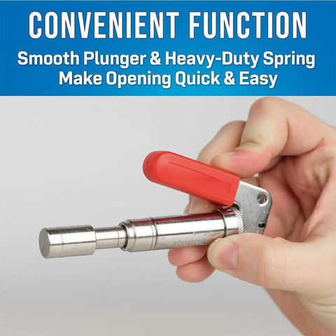 Premium High Carbon Steel Plunger Punch Tool For Size Six Drum Fasteners 0.158 Inch Inner Bore shown in hand with red handle for easy use.