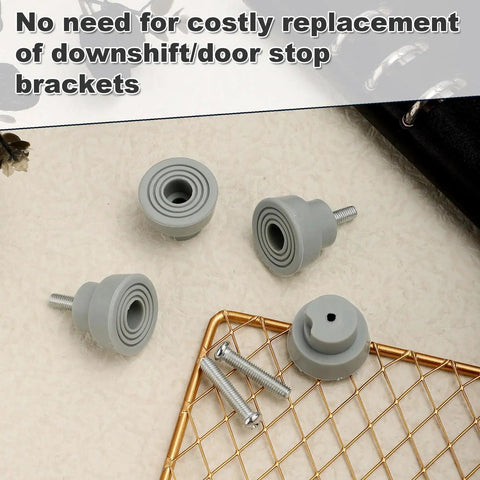 4 Pack Rubber Door Stopper Tips With Screws for Kick Down and Drop Down Doors on grid background.
