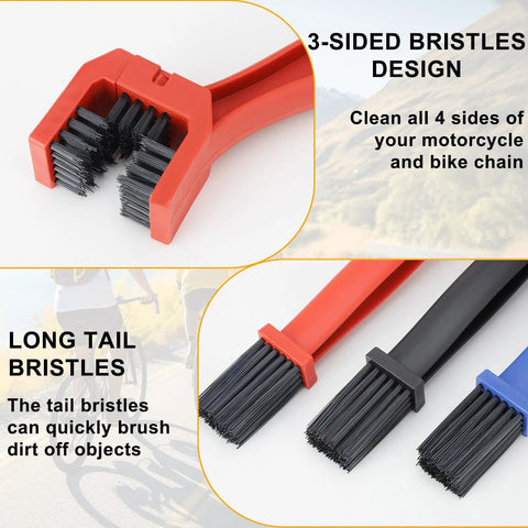 Diagram of Six Piece Bike Chain Cleaner Kit with three brushes and cleaning tools for mountain bike motorcycle and E bike rust removal.