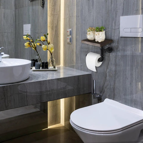 Industrial Dope Pipe Toilet Paper Holder With Wooden Shelf Rustic Wall Mount Roll Holder in modern bathroom setting