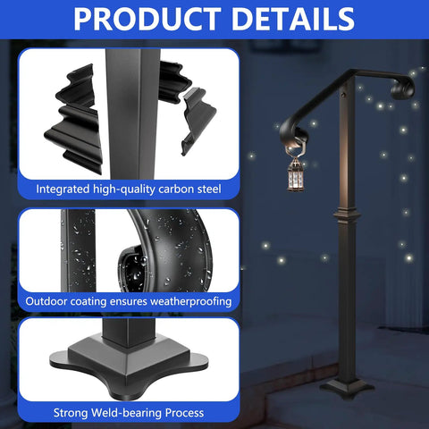 Outdoor Steps Handrail Single Post For 1 To 2 Steps 38 Inch High Wrought Iron Rustproof Black Stair Railing Product Details
