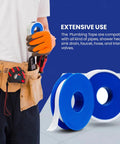 PTFE Plumbing Tape Half Inch By 1080 Inches Heavy Duty Pipe Thread Sealant shown with two rolls and a plumber holding a tape roll.